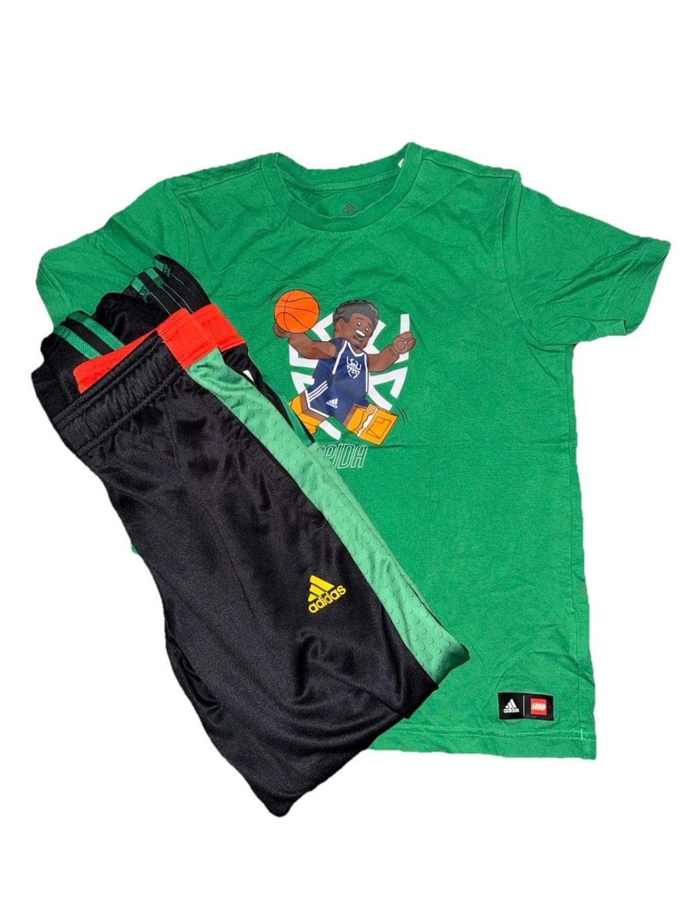 adidas Boys LEGO Green Graphic Basketball Tee with Black Shorts